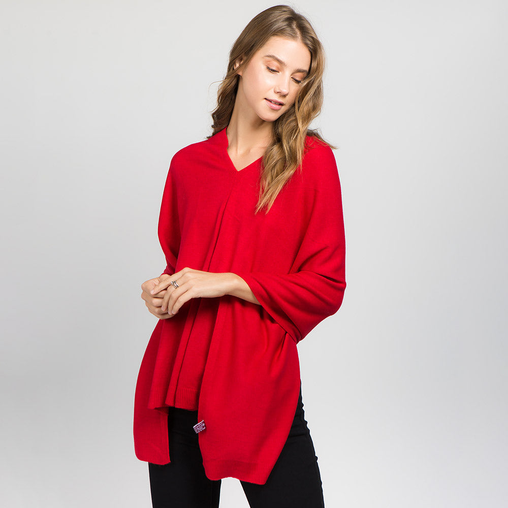 Red Solid Versatile Asymmetrical Poncho Wrap / Scarf