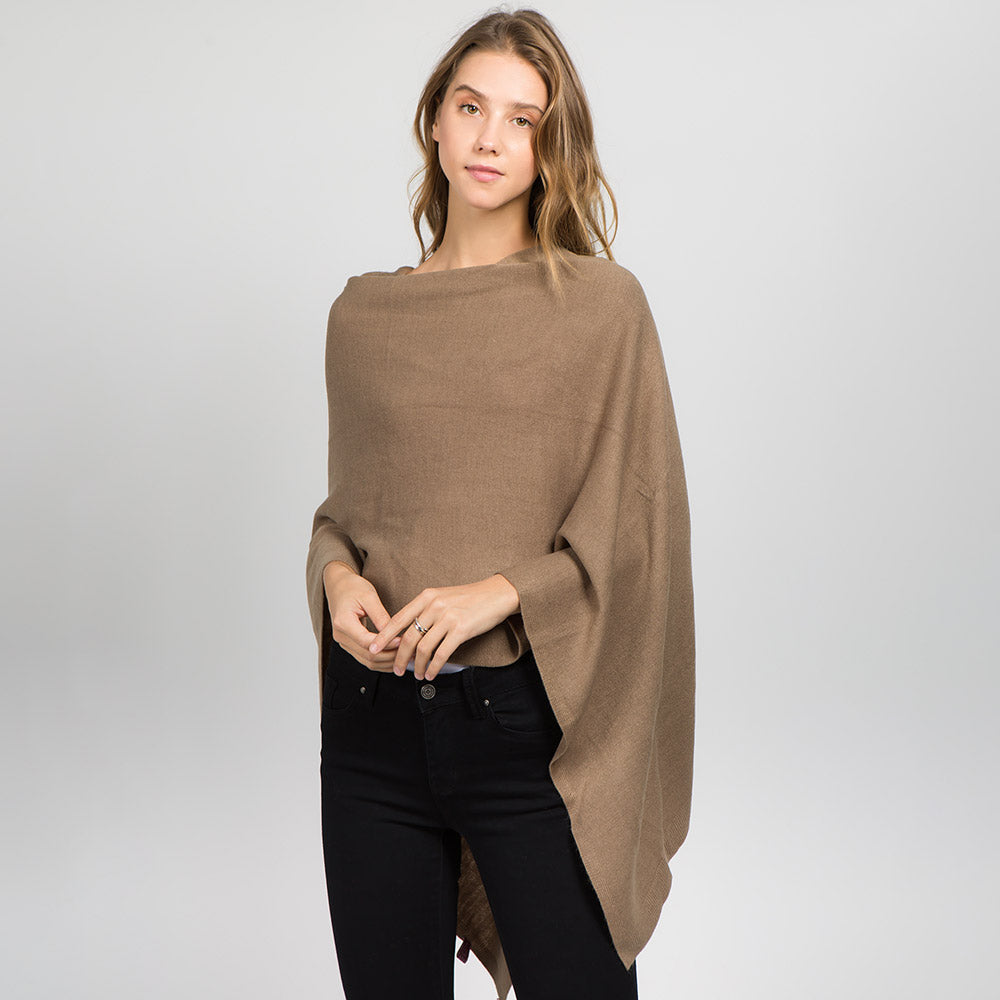 Tan Solid Versatile Asymmetrical Poncho Wrap / Scarf