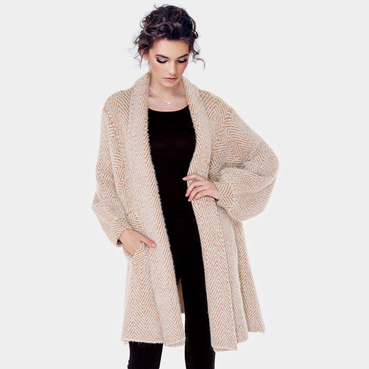 Beige Pockets in Front Zigzag Patterned Soft Knit Cardigan