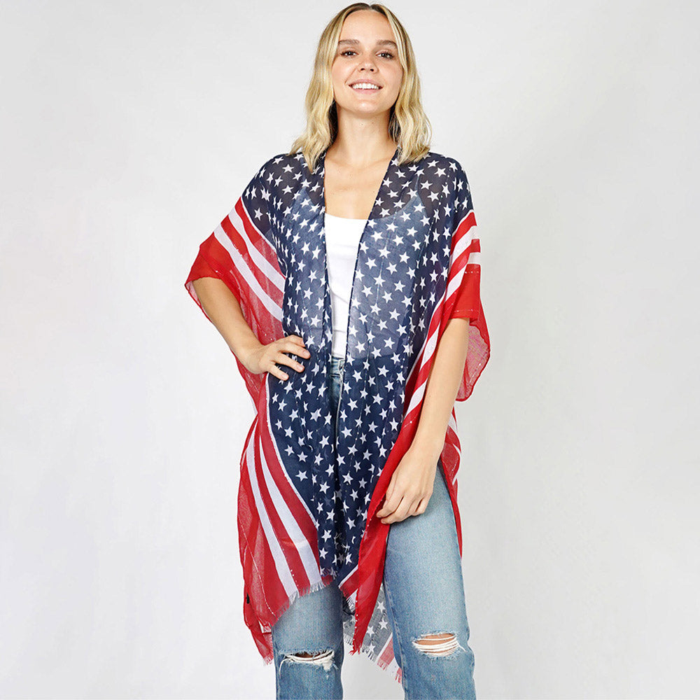 Madeline Love Blue, Red American Flag Print Kimono Poncho - Apparel