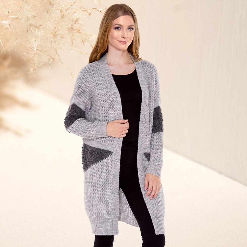 Gray Soft Knit Furry Decoration Long Cardigan