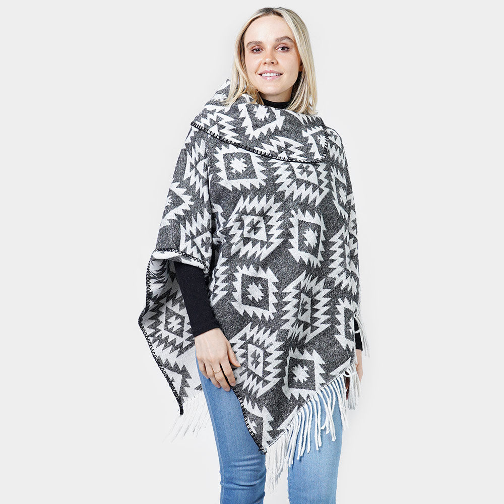 Black Western Pattern Tassel Poncho