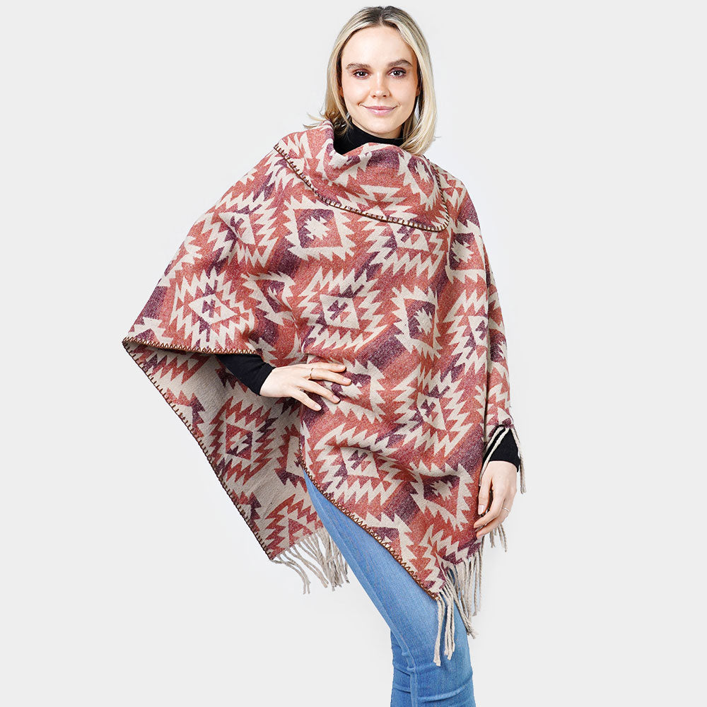 Red Western Pattern Tassel Poncho