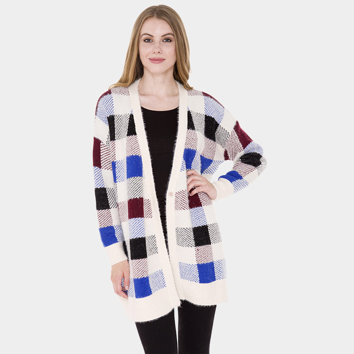 Beige Plaid Check Cardigan