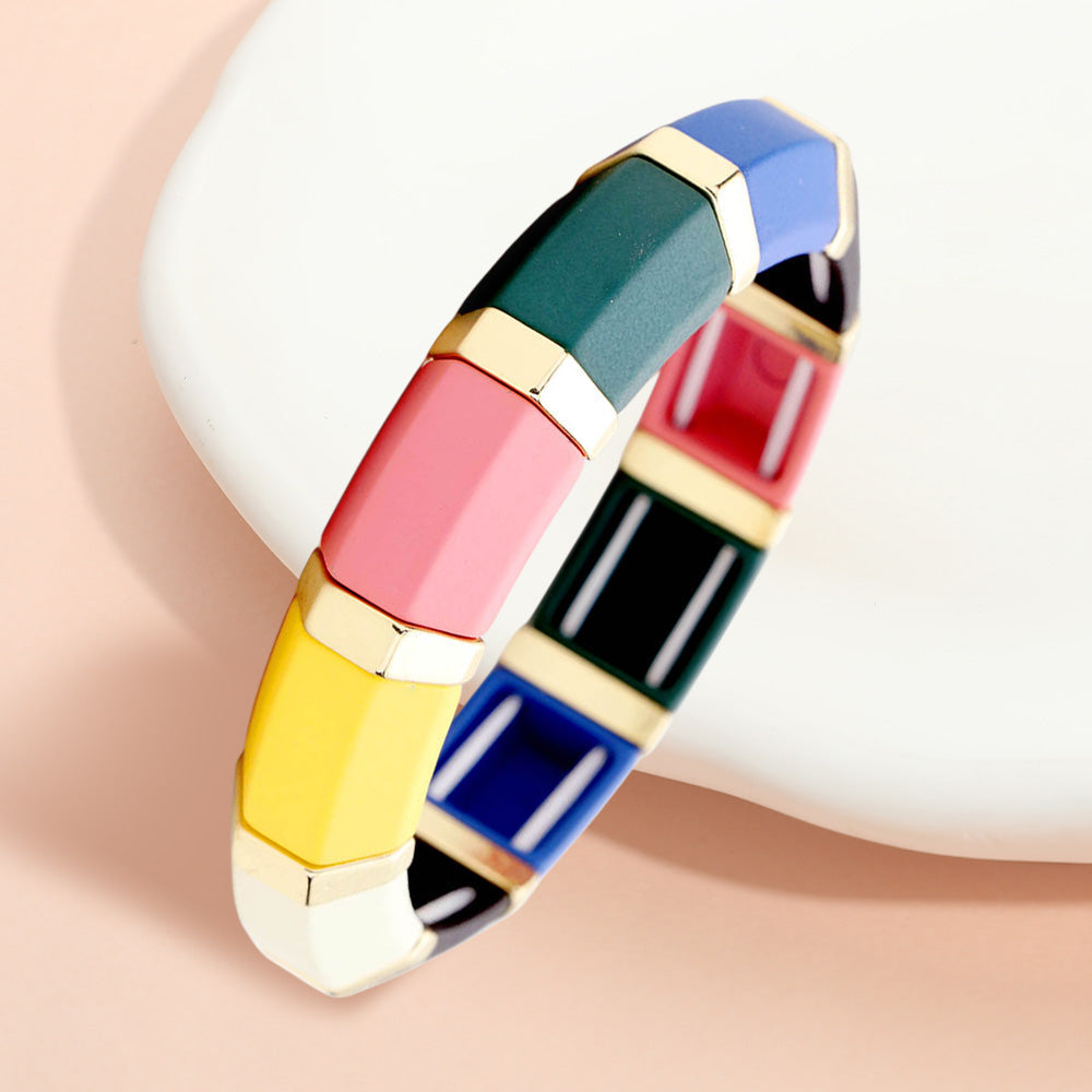 Madeline Love Gold, Multi Colorful Wood Stretch Bracelet - Bracelets