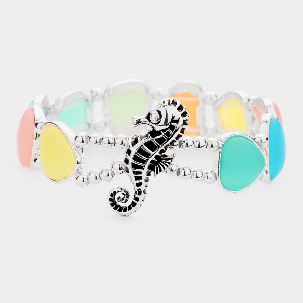 Antique Silver, Multi Sea Glass Seahorse Metal Stretch Bracelet