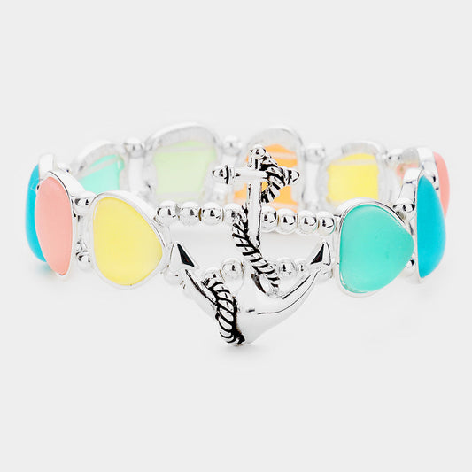 Madeline Love Antique Silver, Multi Anchor Sea Glass Stretch Bracelet - Jewelry
