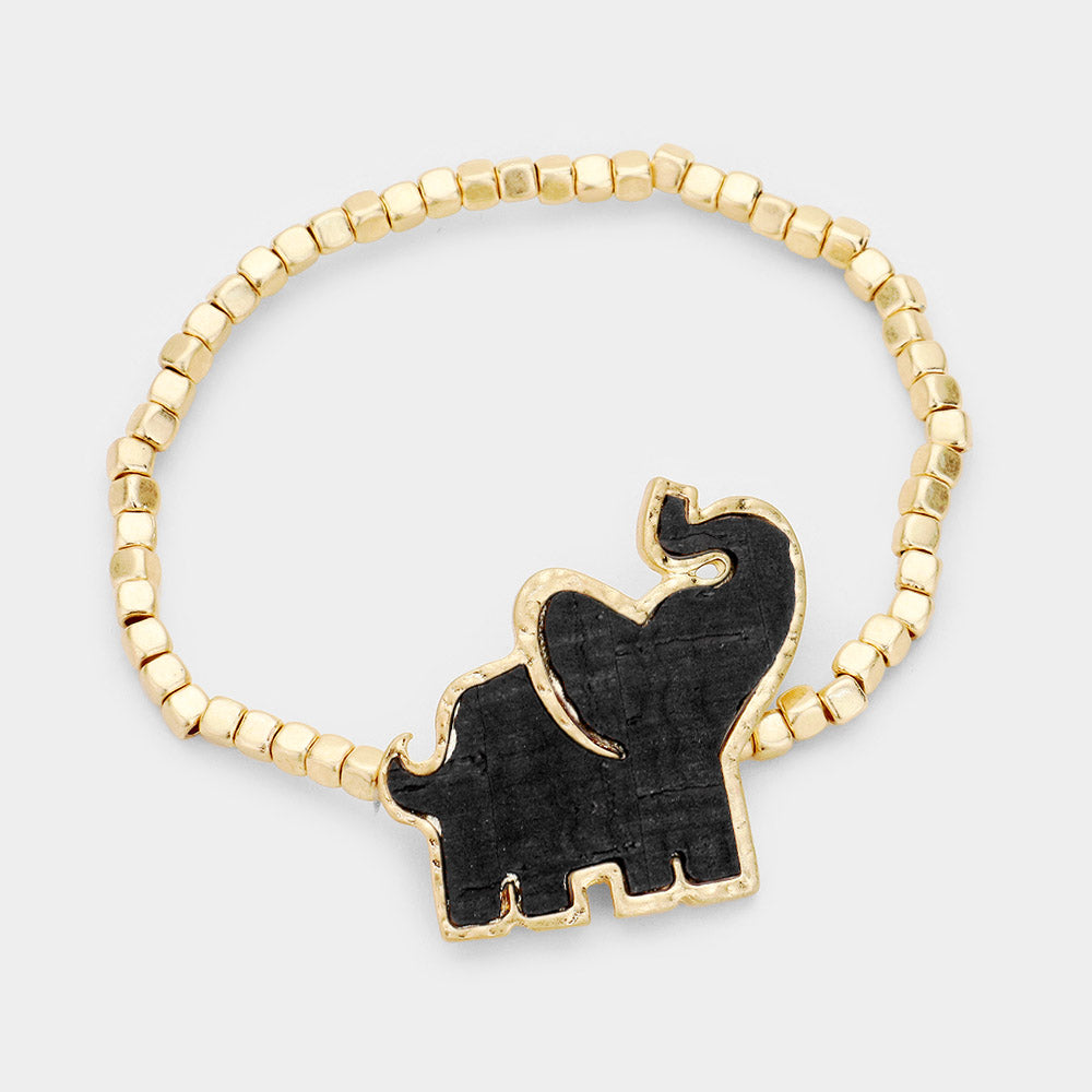 Madeline Love Black, Worn Gold Elephant Metal Bead Stretch Bracelet - Bracelets