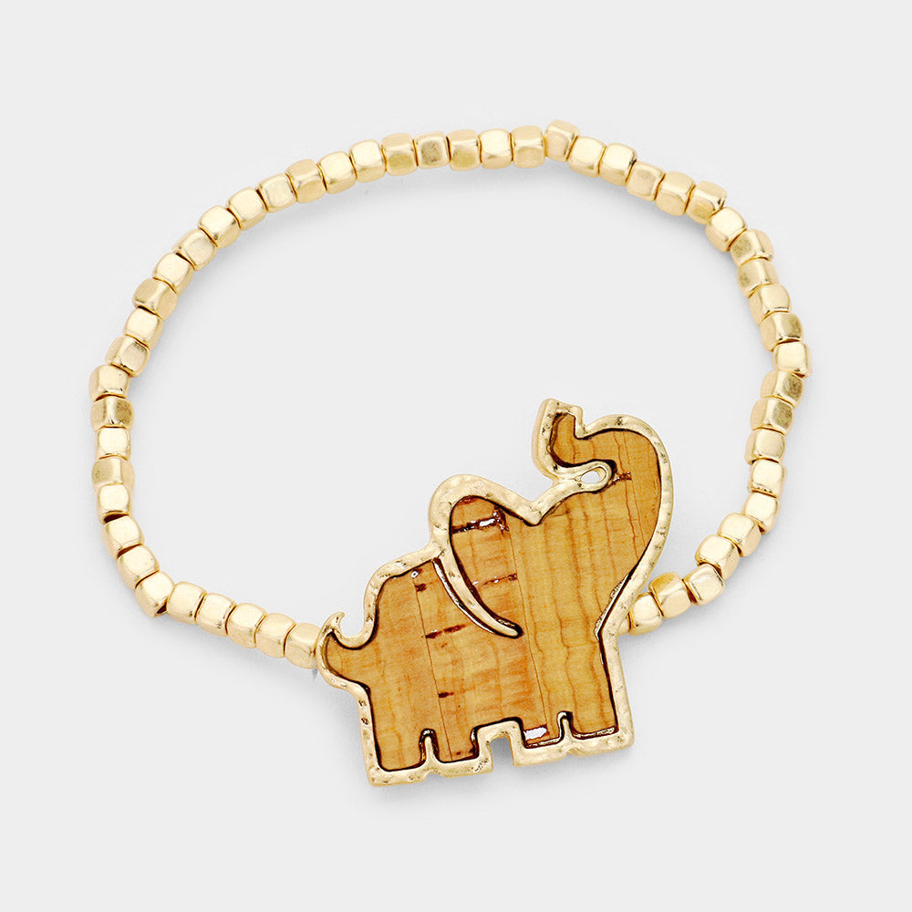 Madeline Love Neutral, Worn Gold Elephant Metal Bead Stretch Bracelet - Bracelets