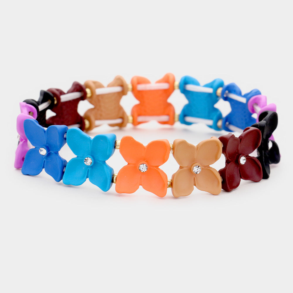 Madeline Love Blue, Multi Colorful Flower Rhinestone Stretch Bracelet - Bracelets
