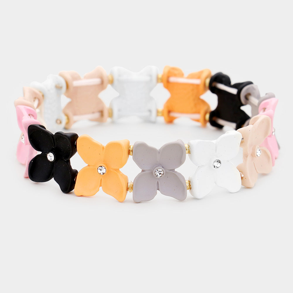 Madeline Love Multi, Neutral Colorful Flower Rhinestone Stretch Bracelet - Bracelets