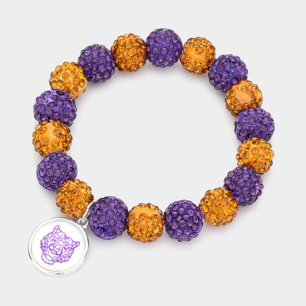 Madeline Love Purple Tiger Accented Round Charm Shamballa Ball Stretch Bracelet - Bracelets