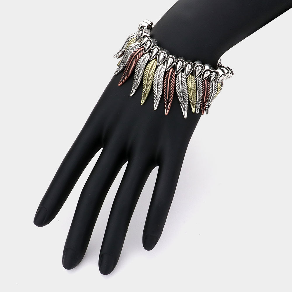 Madeline Love Three Tone Antique Metal Feather Fringe Stretch Bracelet - Bracelets