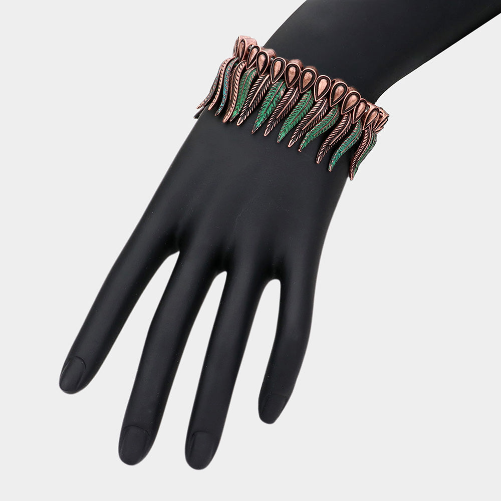 Madeline Love Patina Verdigris Antique Metal Feather Fringe Stretch Bracelet - Bracelets