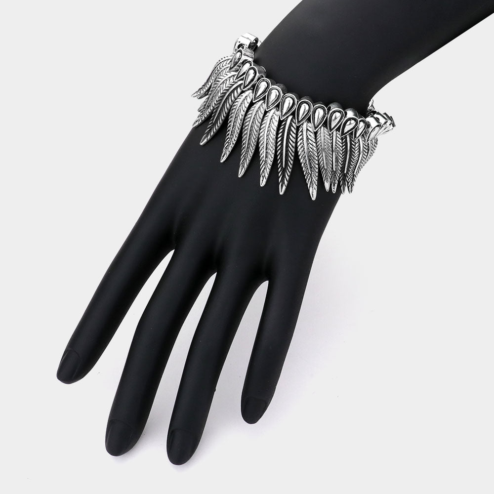 Madeline Love Silver Burnished Antique Metal Feather Fringe Stretch Bracelet - Bracelets