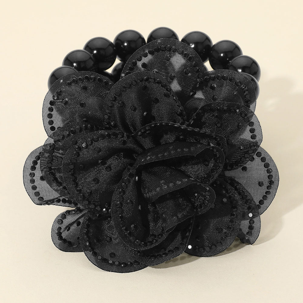 Madeline Love Black, Jet Black Bling Studded Fabric Flower Statement Faux Pearl Beaded Stretch Bracelet - Bracelets