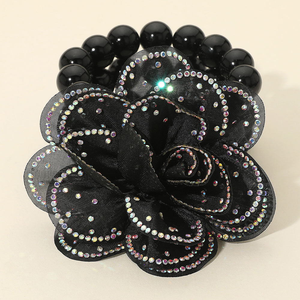 Madeline Love AB, Black Bling Studded Fabric Flower Statement Faux Pearl Beaded Stretch Bracelet - Bracelets