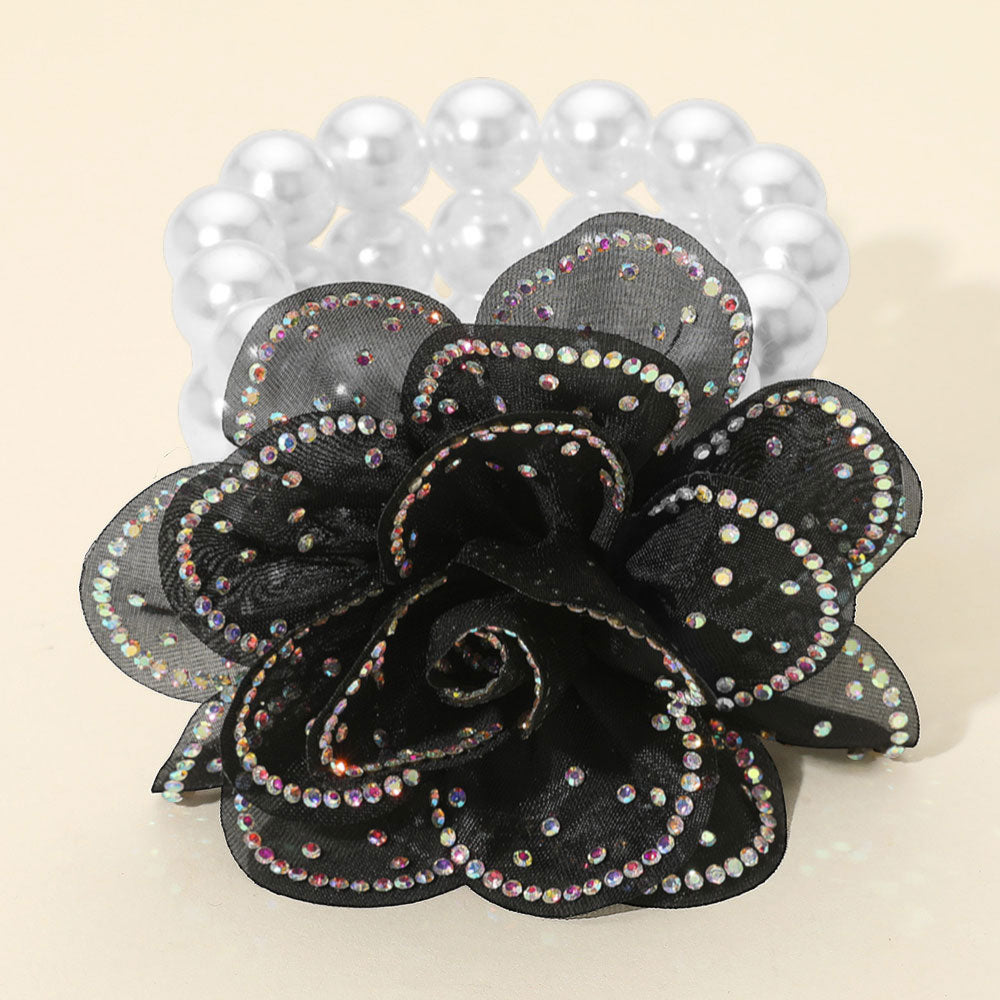 Madeline Love AB, Black, White Bling Studded Fabric Flower Statement Faux Pearl Beaded Stretch Bracelet - Bracelets