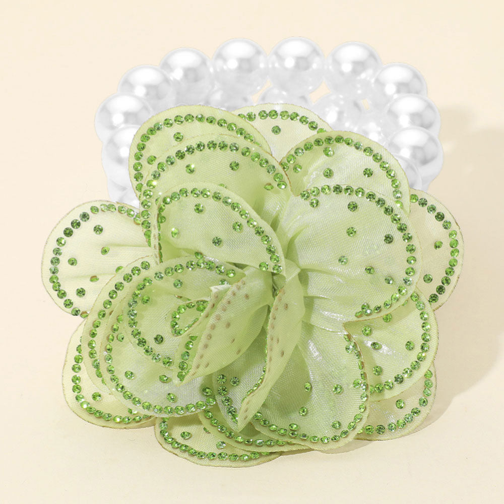 Madeline Love Green, White Bling Studded Fabric Flower Statement Faux Pearl Beaded Stretch Bracelet - Bracelets