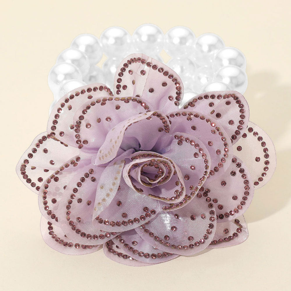Madeline Love Light, Purple , White Bling Studded Fabric Flower Statement Faux Pearl Beaded Stretch Bracelet - Bracelets