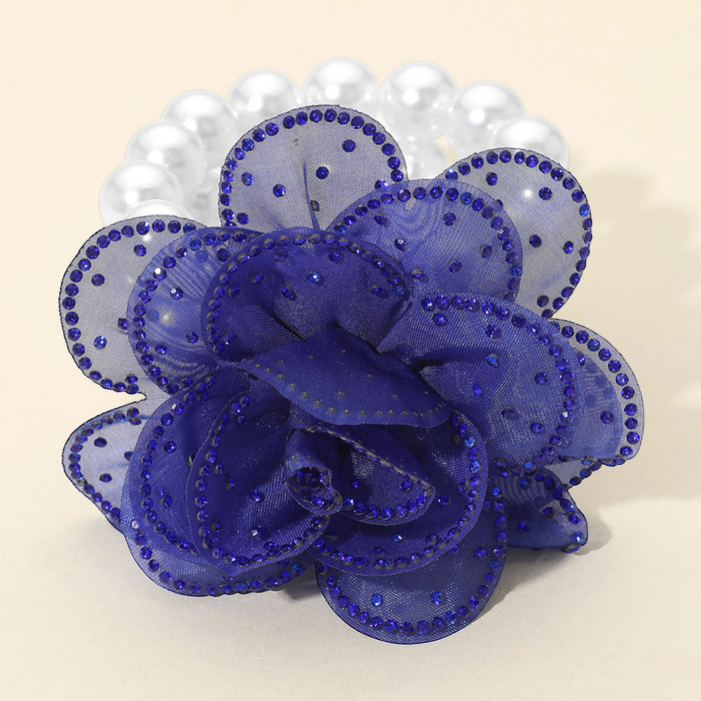 Madeline Love Royal Blue, White Bling Studded Fabric Flower Statement Faux Pearl Beaded Stretch Bracelet - Bracelets