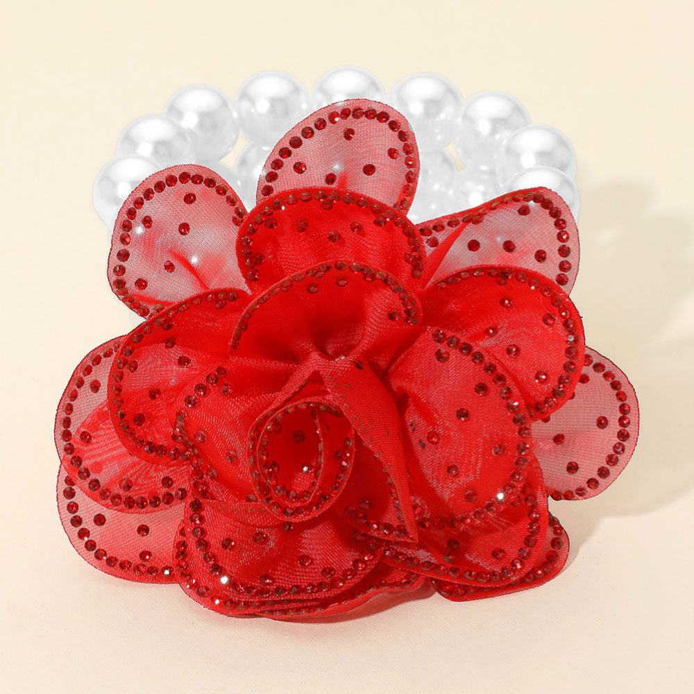 Madeline Love Red, White Bling Studded Fabric Flower Statement Faux Pearl Beaded Stretch Bracelet - Bracelets