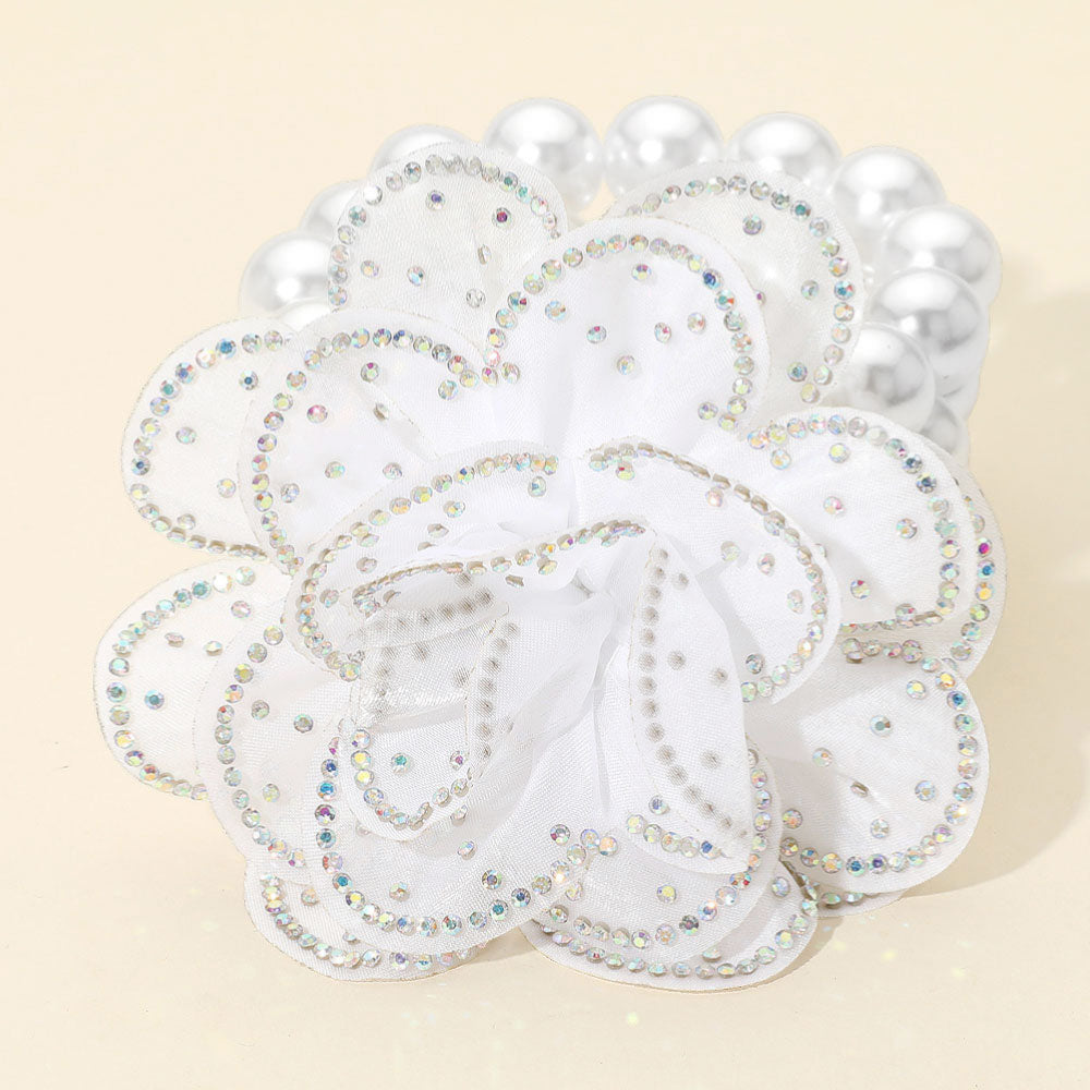Madeline Love AB, White Bling Studded Fabric Flower Statement Faux Pearl Beaded Stretch Bracelet - Bracelets