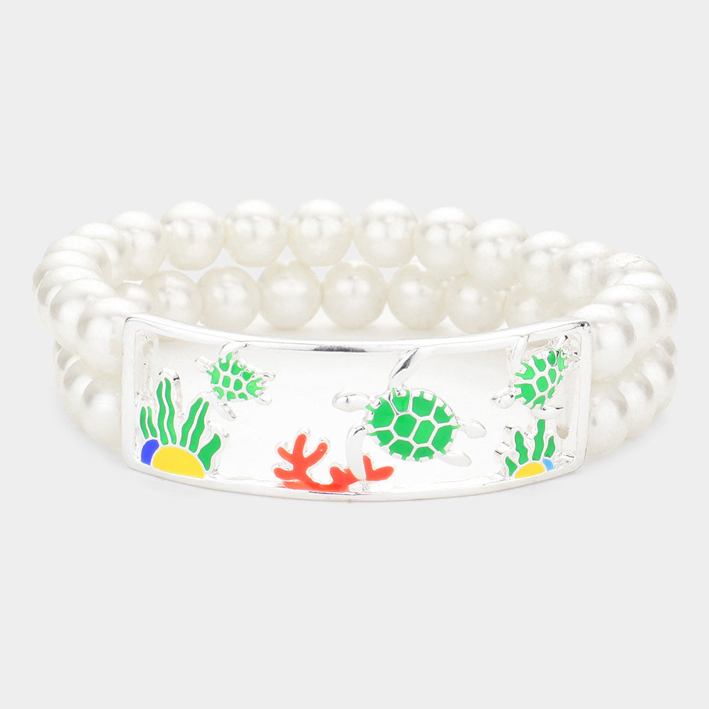 Madeline Love Multi, Silver Enamel Turtle Coral Accented Double Layered Pearl Stretch Bracelet - Bracelets