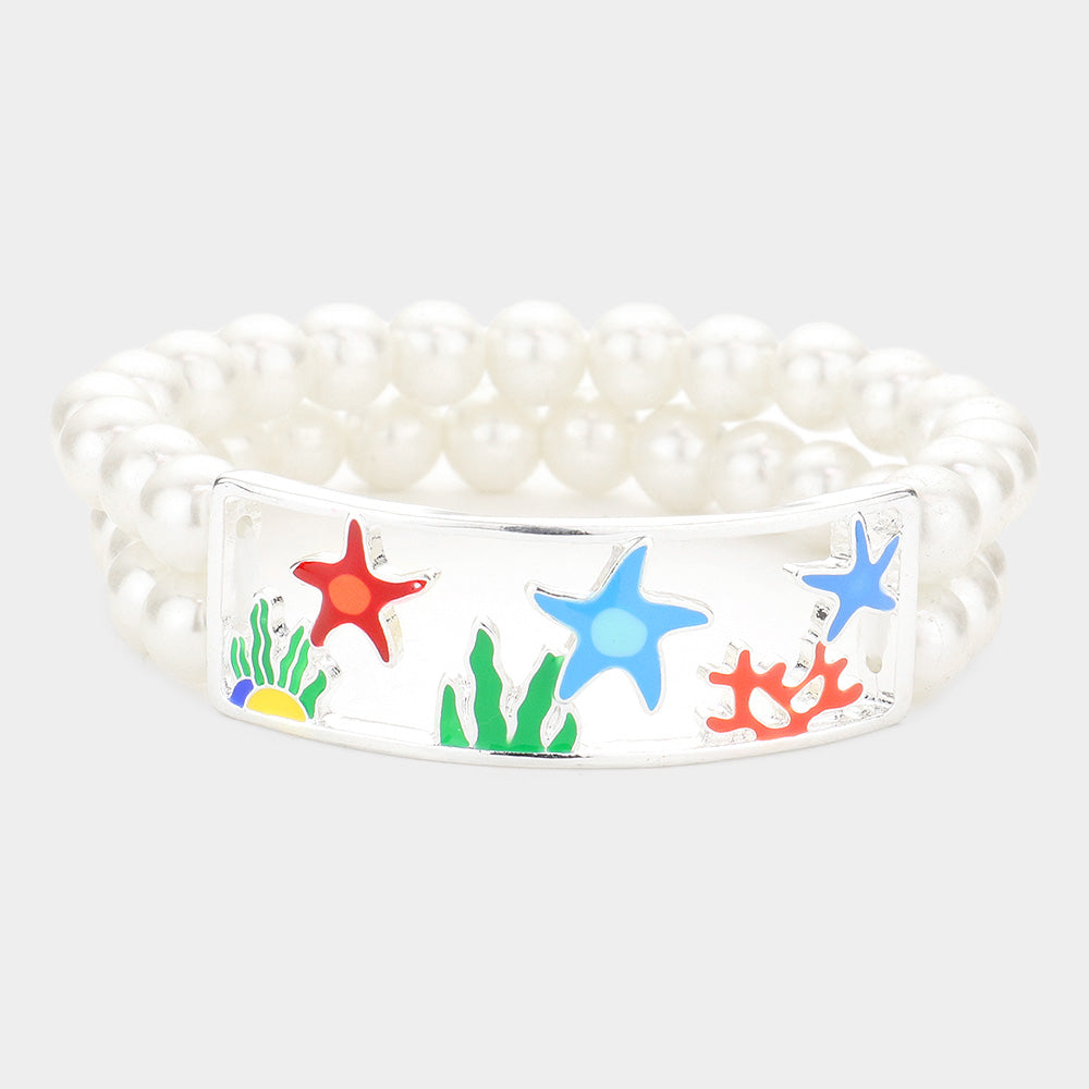 Madeline Love Multi, Silver Enamel Starfish Coral Accented Double Layered Pearl Stretch Bracelet - Bracelets