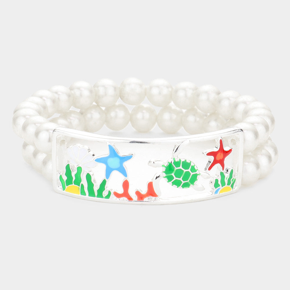 Multi, Silver Enamel Starfish Turtle Coral Accented Double Layered Pearl Stretch Bracelet