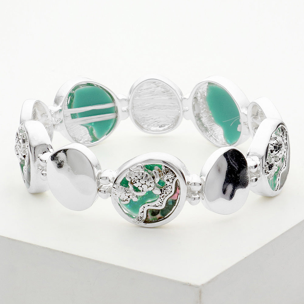 Antique Silver, Mint Sea Turtle Embossed Metal Disc Link Stretch Bracelet