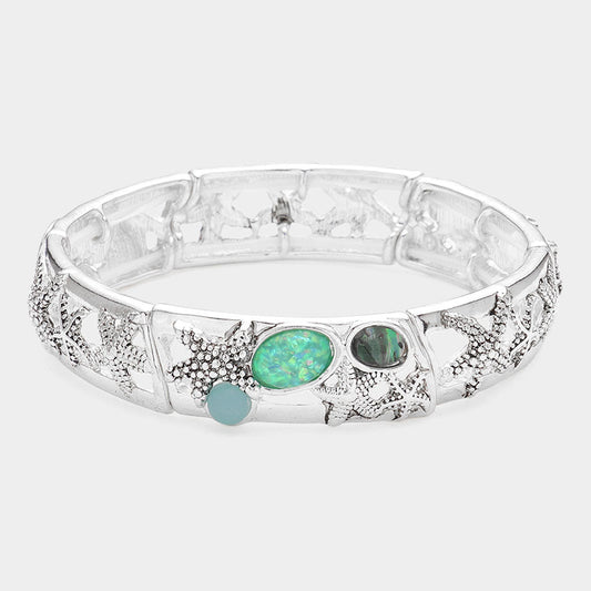 Madeline Love Antique Silver, Multi Abalone Starfish Pointed Stretch Bangle Bracelet - Bracelets