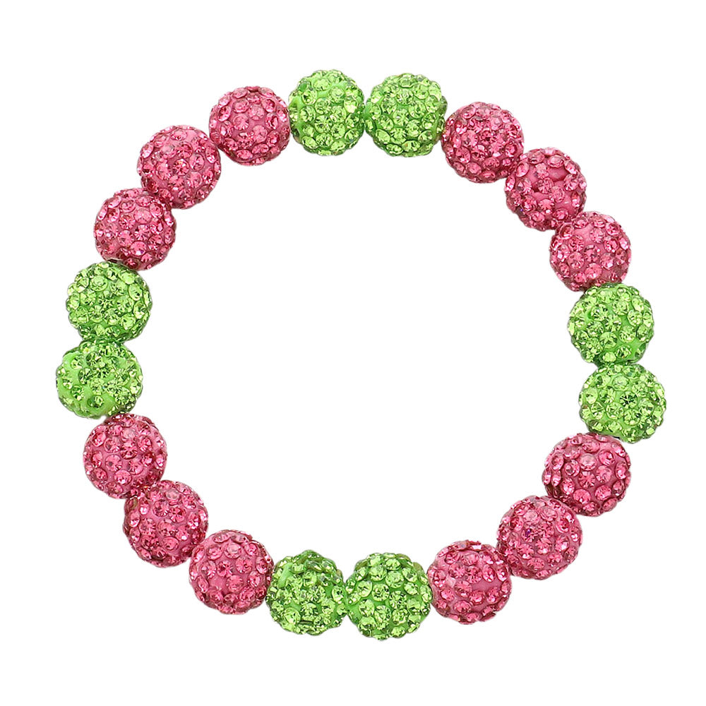 Madeline Love Pink&Green Shamballa Ball Beaded Stretch Bracelet - Bracelets - desc
