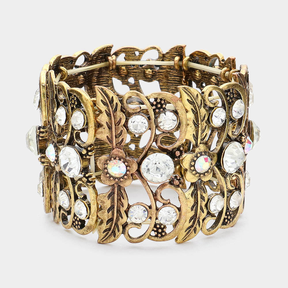Madeline Love AB, Gold Burnished Floral Leaves Stretchable Bangle Bracelet - Bracelets