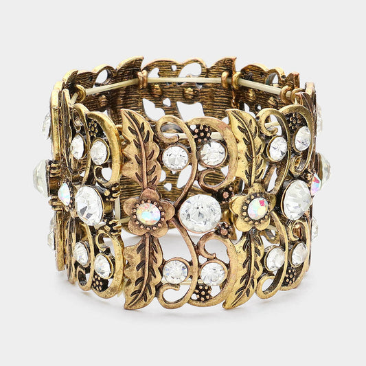 Madeline Love AB, Gold Burnished Floral Leaves Stretchable Bangle Bracelet - Bracelets