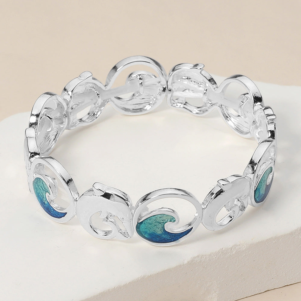 Blue, Silver Enamel Wave Metal Dolphin Link Stretch Bracelet
