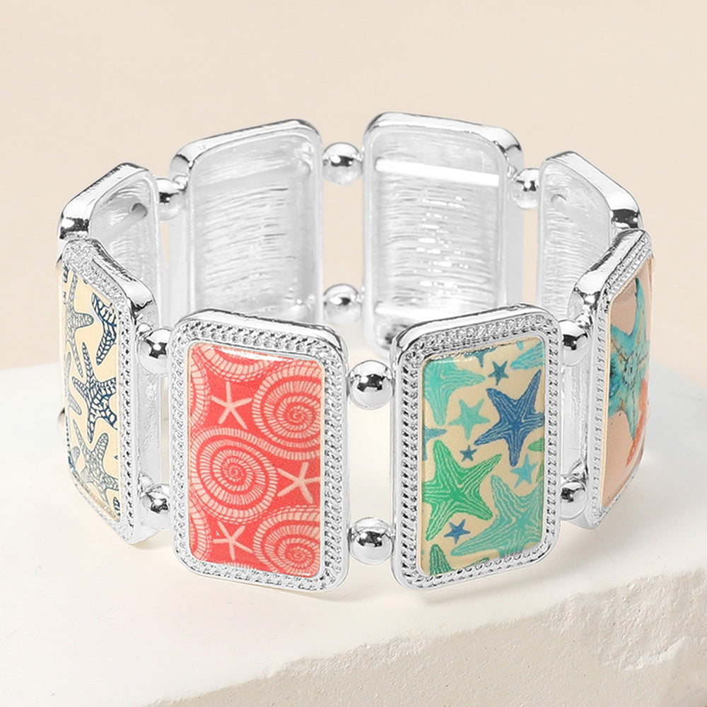 Multi, Silver Rectangular Starfish Epoxy Cluster Link Stretch Bracelet