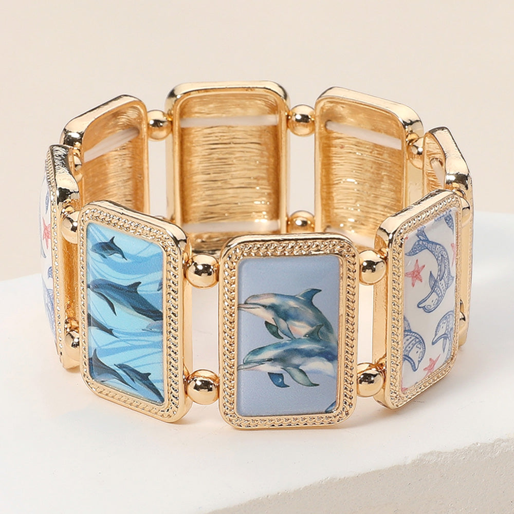 Gold, Multi Rectangular Dolphin Epoxy Cluster Link Stretch Bracelet