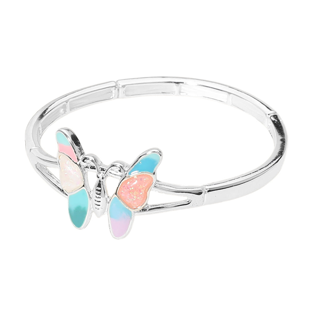 Madeline Love Multi, Silver Sea Glass Enamel Butterfly Pointed Stretch Bracelet - Bracelets - desc