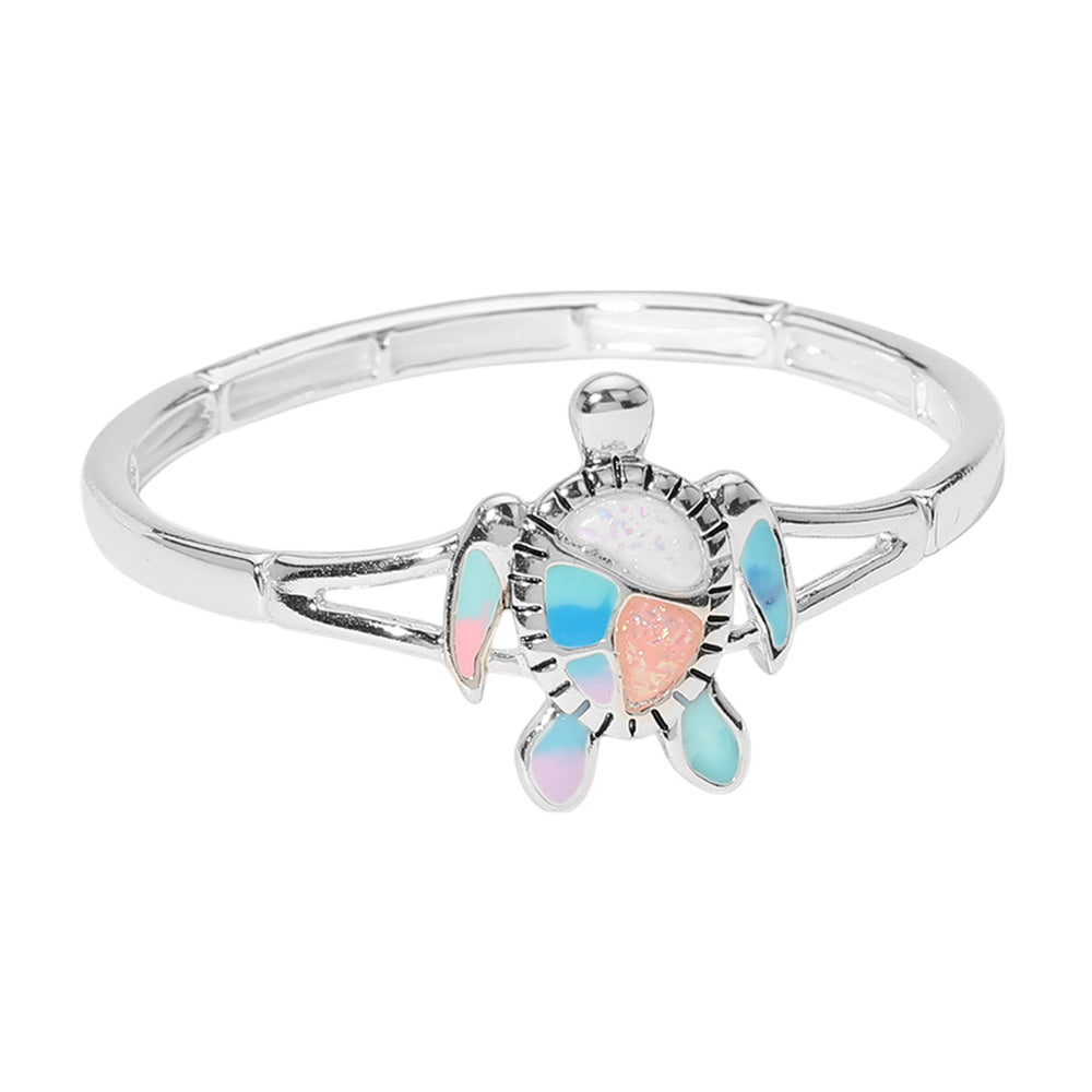 Madeline Love Multi, Silver Sea Glass Enamel Sea Turtle Pointed Stretch Bracelet - Bracelets - desc