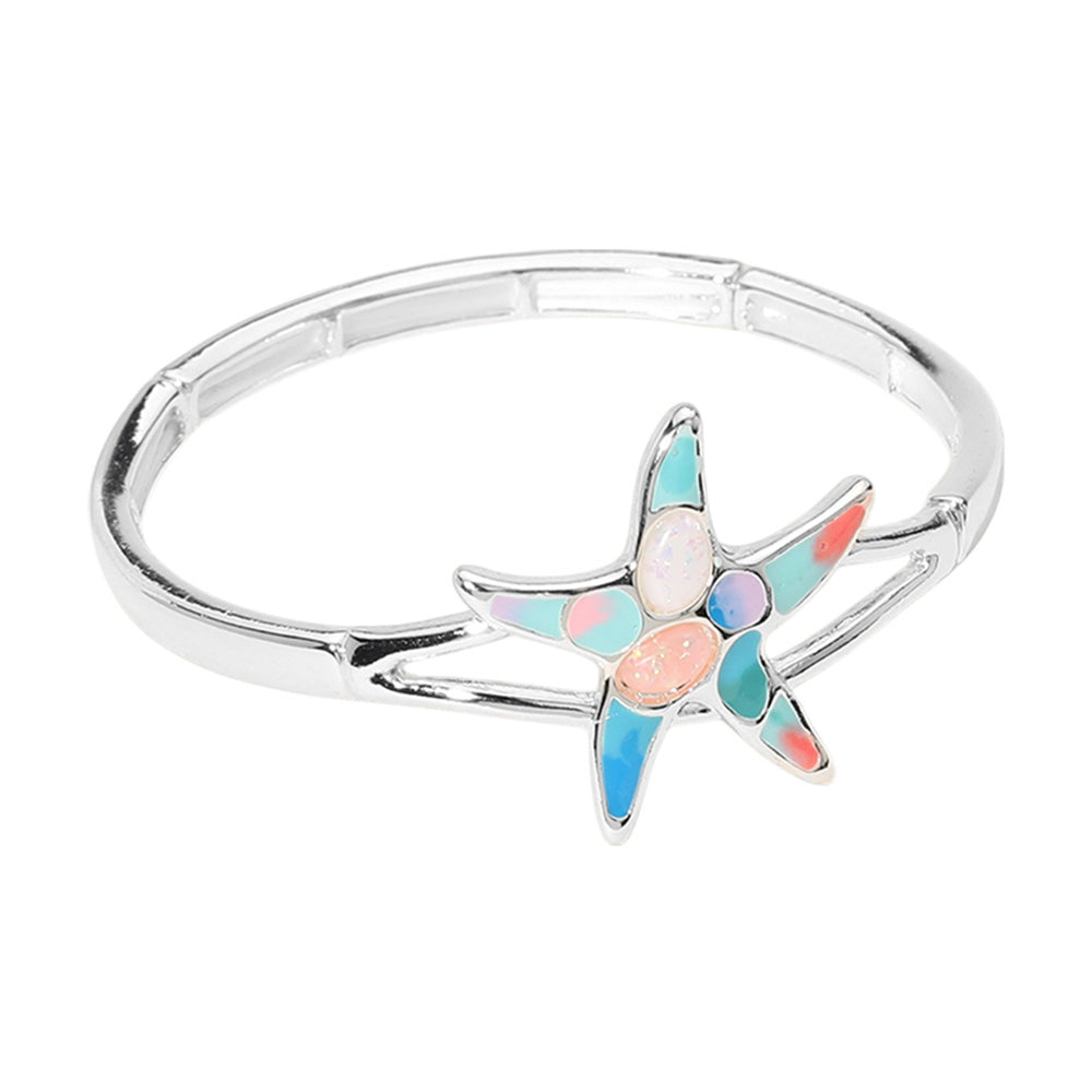 Madeline Love Multi, Silver Sea Glass Enamel Starfish Pointed Stretch Bracelet - Bracelets - desc