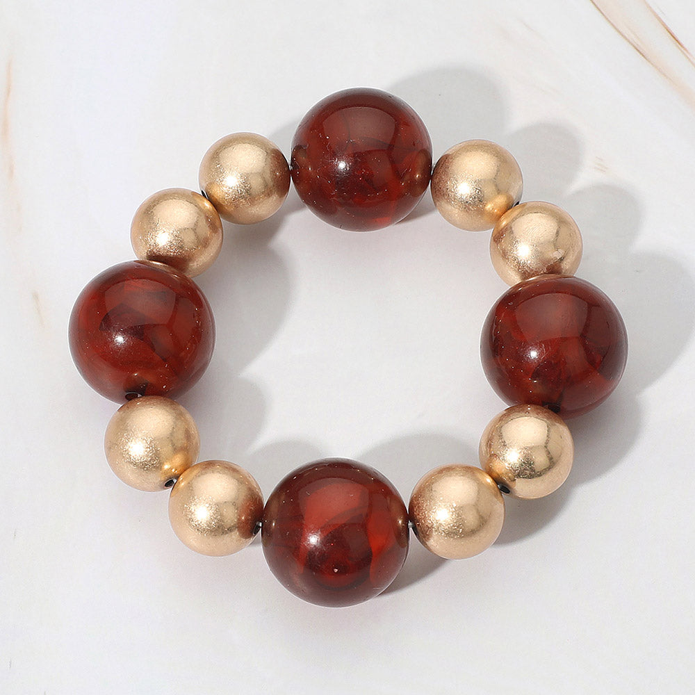 Madeline Love Brown, Worn Gold Metal Ball Bold Marbled Resin Ball Beaded Stretch Bracelet - Bracelets