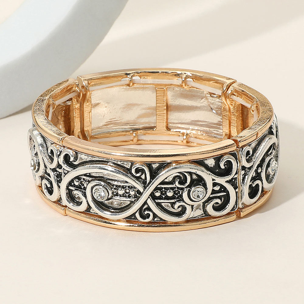 Madeline Love Clear, Two Tone Stone Accent Vintage Scrollwork Stretch Bracelet - Bracelets