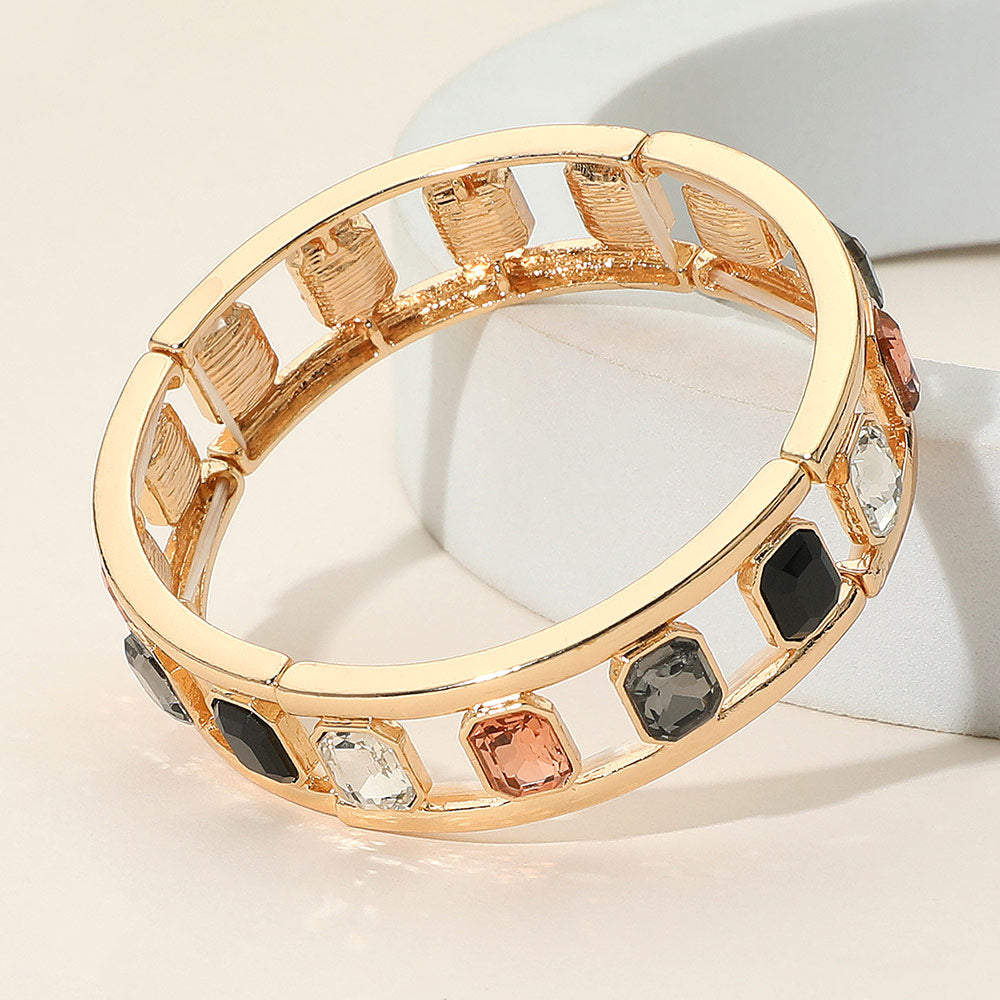 Madeline Love Black, Gold Emerald Cut Stone Embellished Open Frame Stretch Bracelet - Bracelets