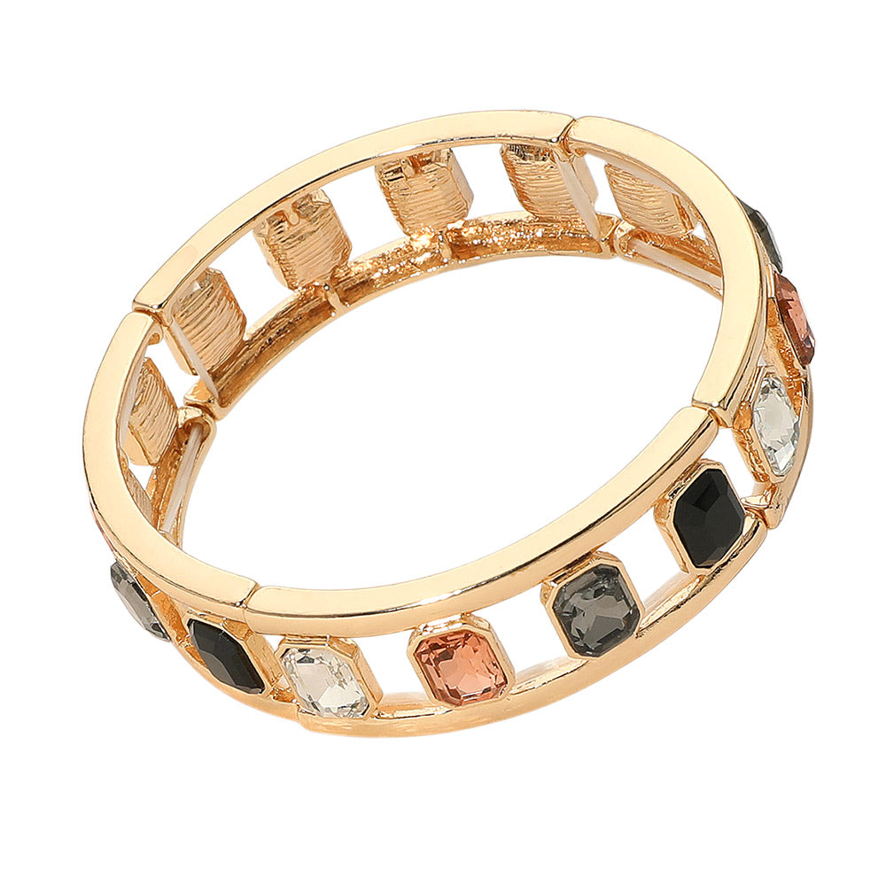 Madeline Love Black, Gold Emerald Cut Stone Embellished Open Frame Stretch Bracelet - Bracelets - desc