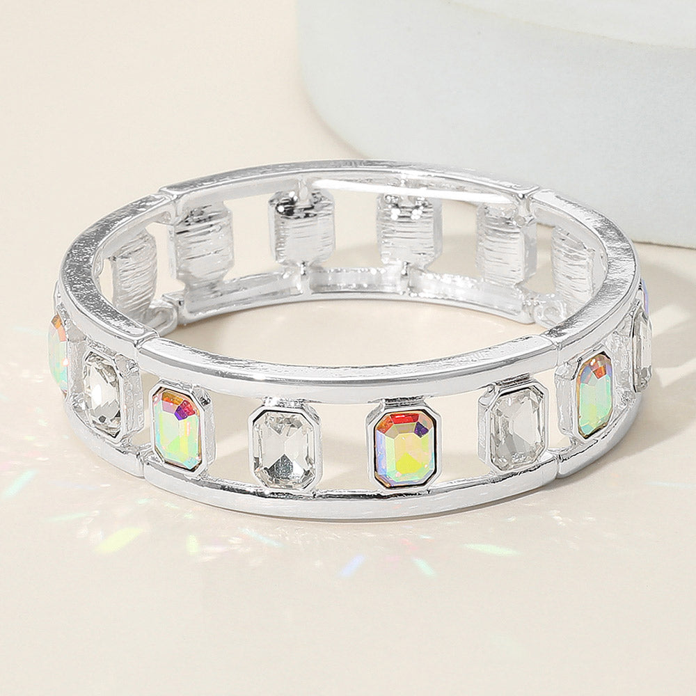 Madeline Love AB, Silver Emerald Cut Stone Embellished Open Frame Stretch Bracelet - Bracelets