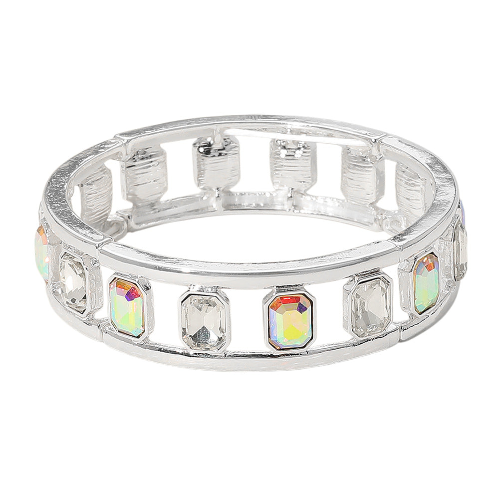 Madeline Love AB, Silver Emerald Cut Stone Embellished Open Frame Stretch Bracelet - Bracelets - desc