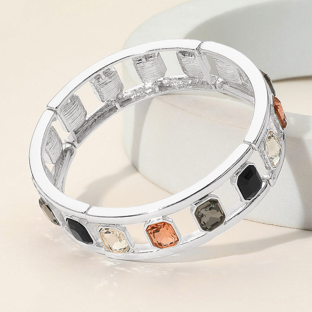 Madeline Love Black, Silver Emerald Cut Stone Embellished Open Frame Stretch Bracelet - Bracelets