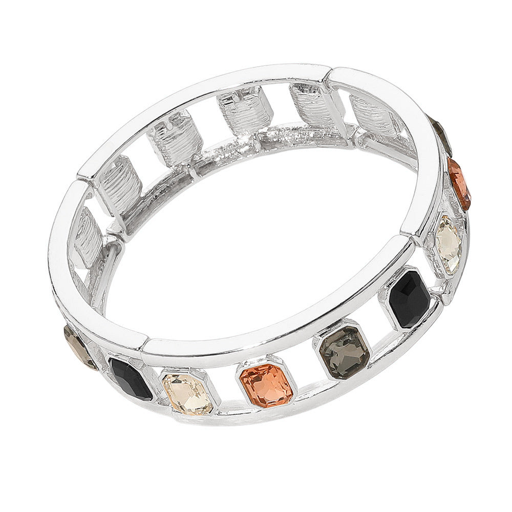 Madeline Love Black, Silver Emerald Cut Stone Embellished Open Frame Stretch Bracelet - Bracelets - desc