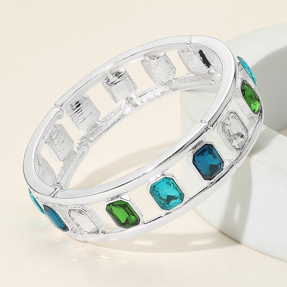 Madeline Love Blue, Silver Emerald Cut Stone Embellished Open Frame Stretch Bracelet - Bracelets